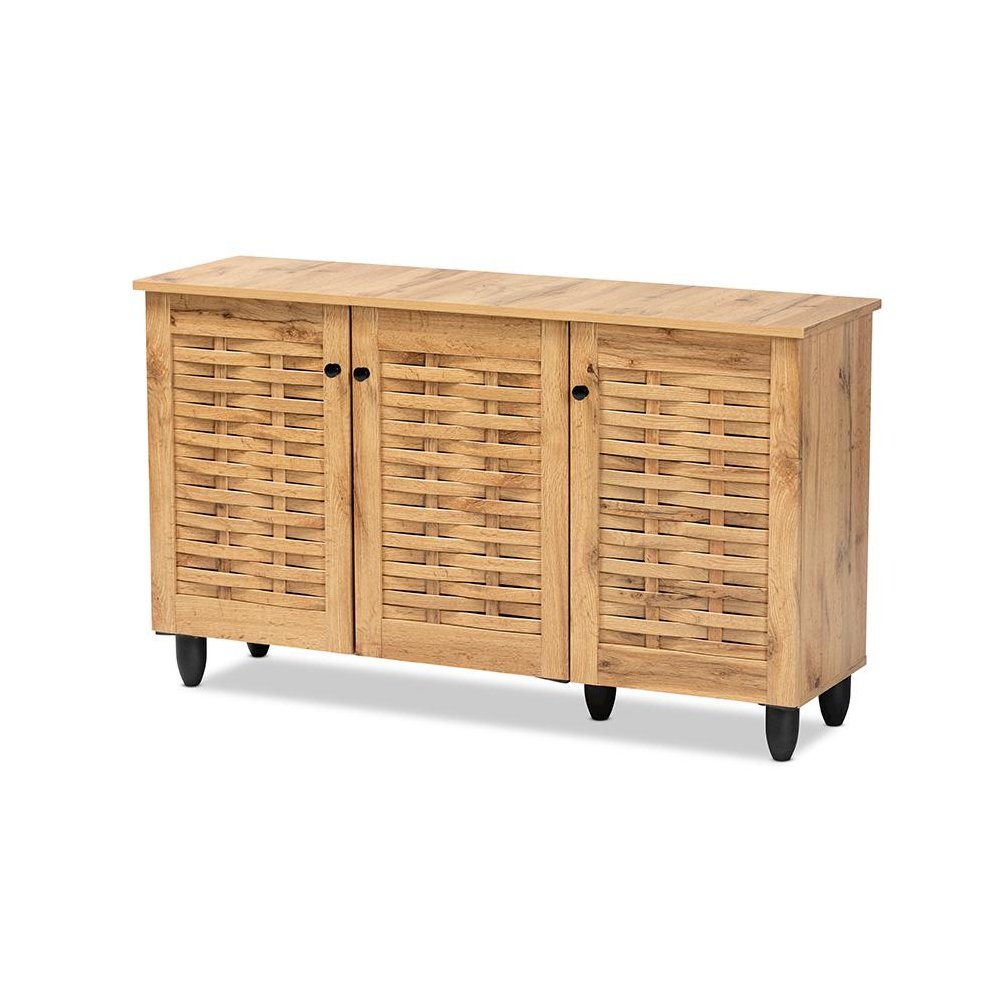 Winda Modern and Contemporary Oak Brown Finished Wood 3-Door Shoe Cabinet. Picture 1