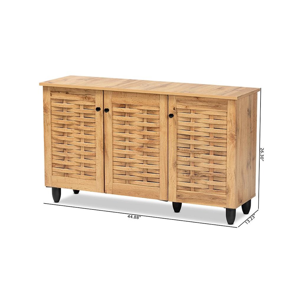 Winda Modern and Contemporary Oak Brown Finished Wood 3-Door Shoe Cabinet. Picture 10