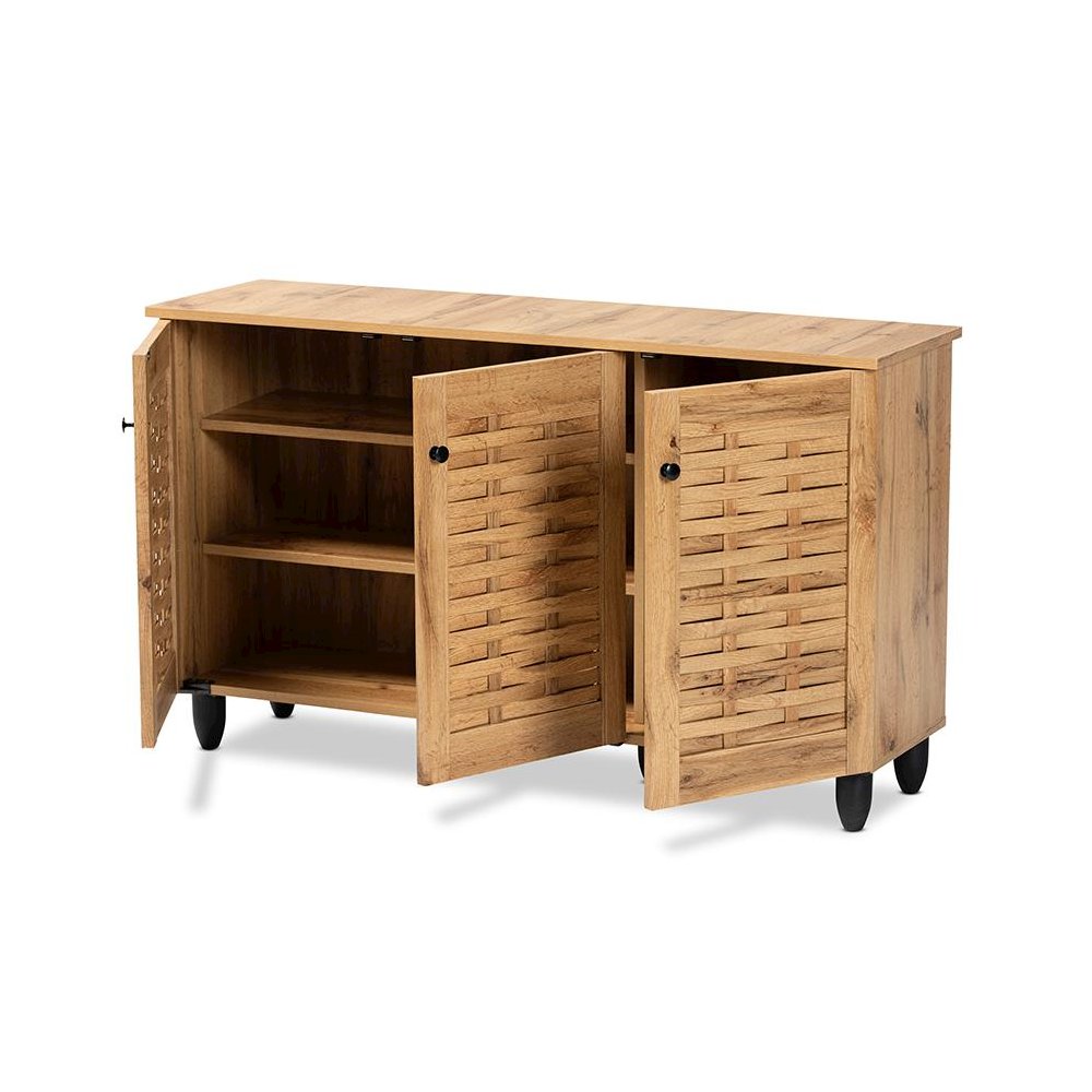 Winda Modern and Contemporary Oak Brown Finished Wood 3-Door Shoe Cabinet. Picture 2