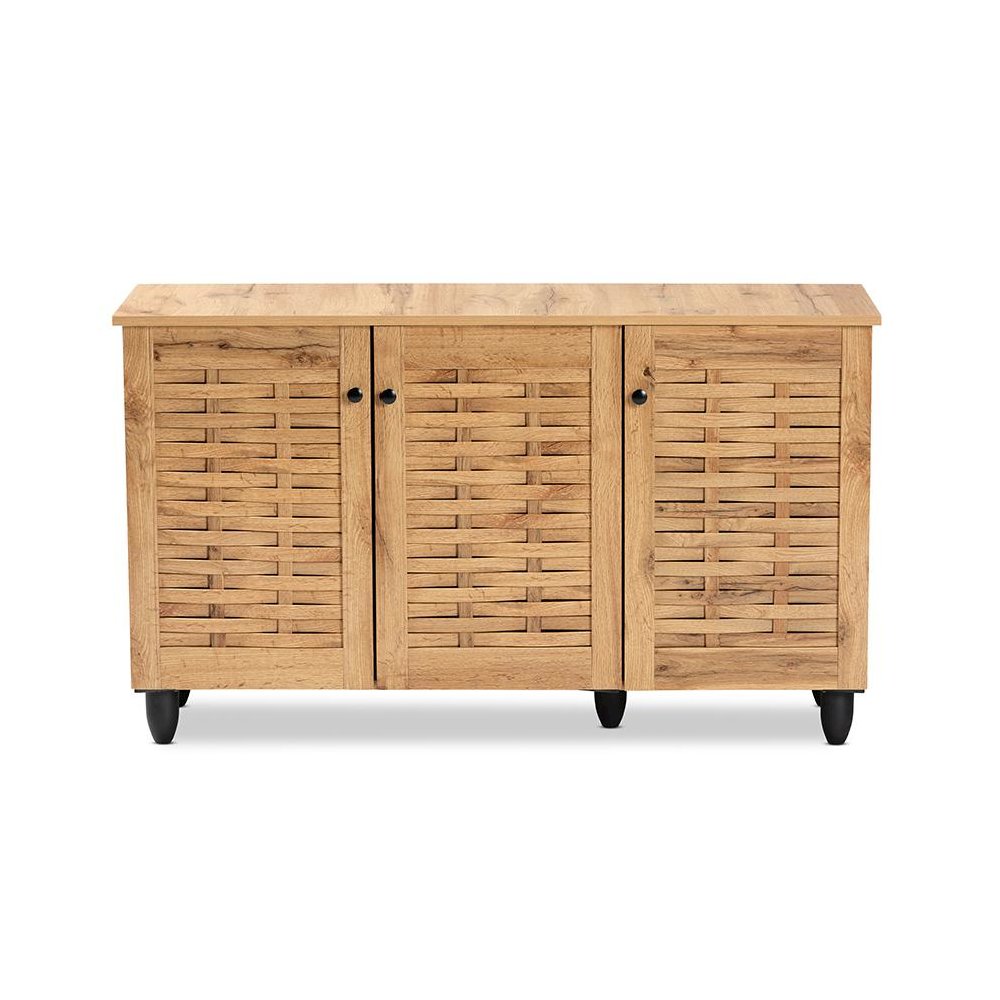 Winda Modern and Contemporary Oak Brown Finished Wood 3-Door Shoe Cabinet. Picture 3