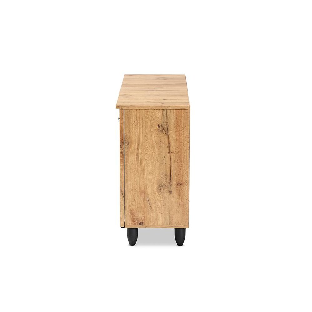 Winda Modern and Contemporary Oak Brown Finished Wood 3-Door Shoe Cabinet. Picture 4