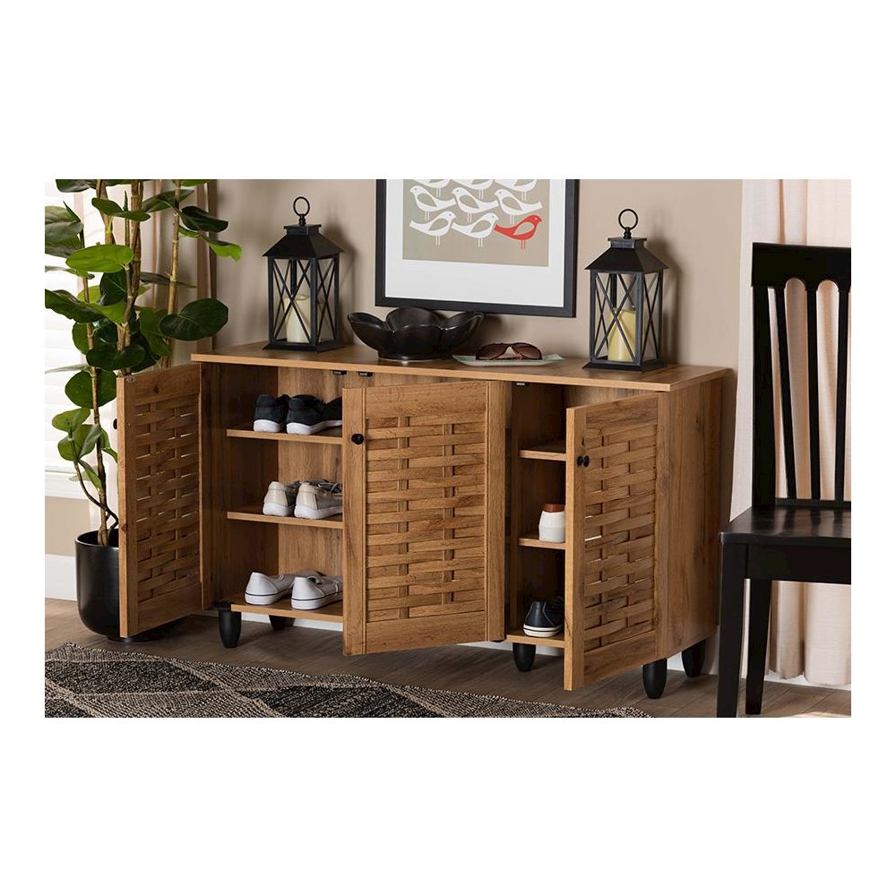 Winda Modern and Contemporary Oak Brown Finished Wood 3-Door Shoe Cabinet. Picture 8