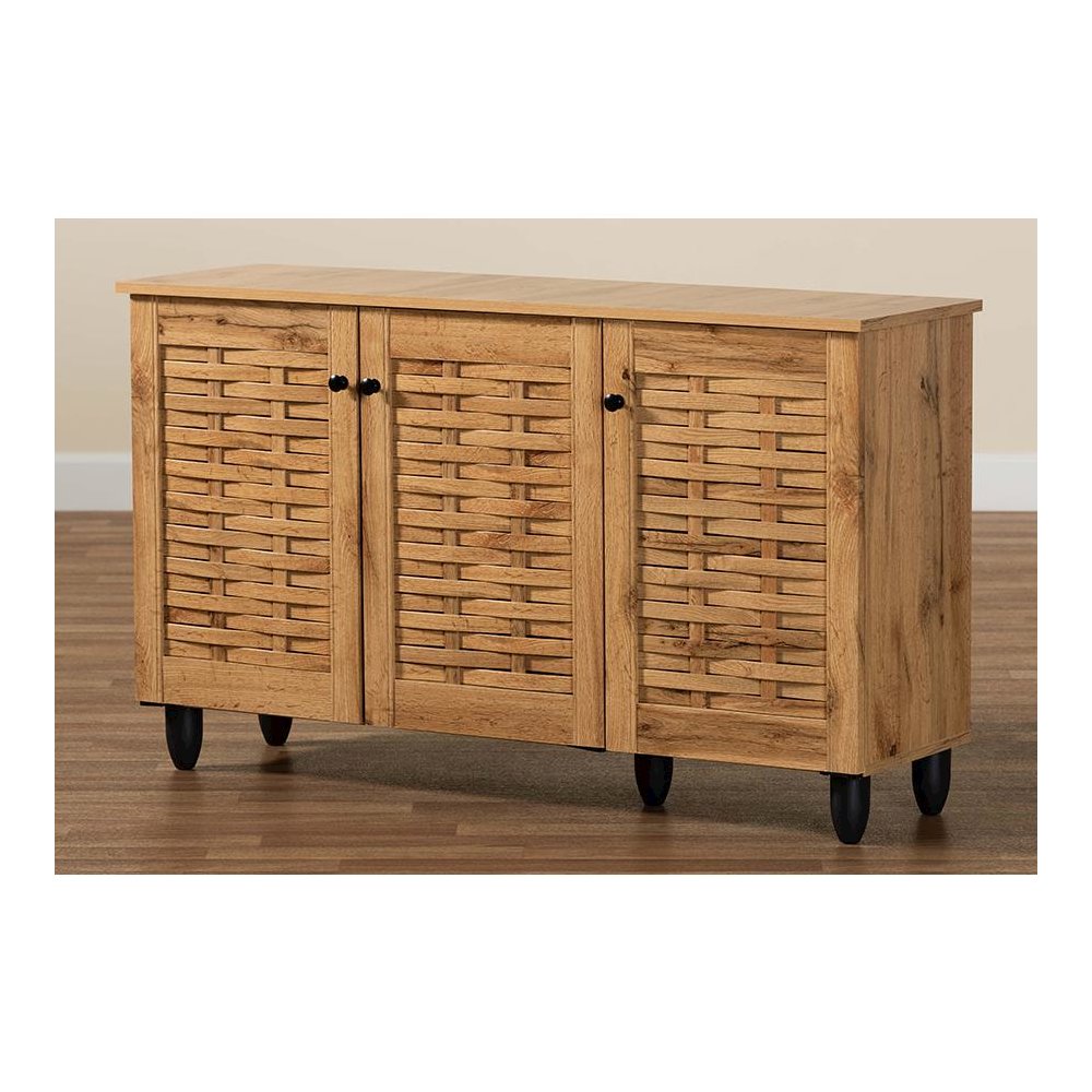 Winda Modern and Contemporary Oak Brown Finished Wood 3-Door Shoe Cabinet. Picture 9