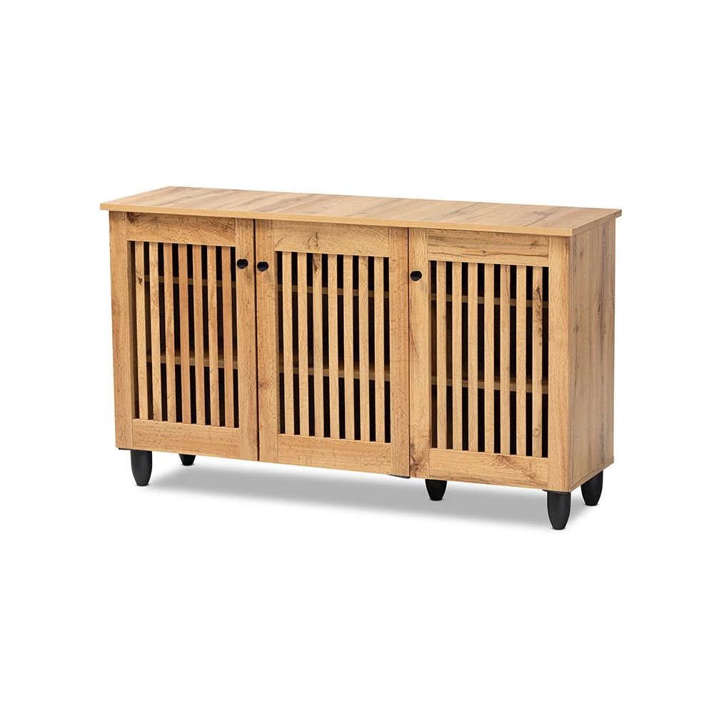 Fernanda Modern and Contemporary Oak Brown Finished Wood 3-Door Shoe Cabinet. Picture 1