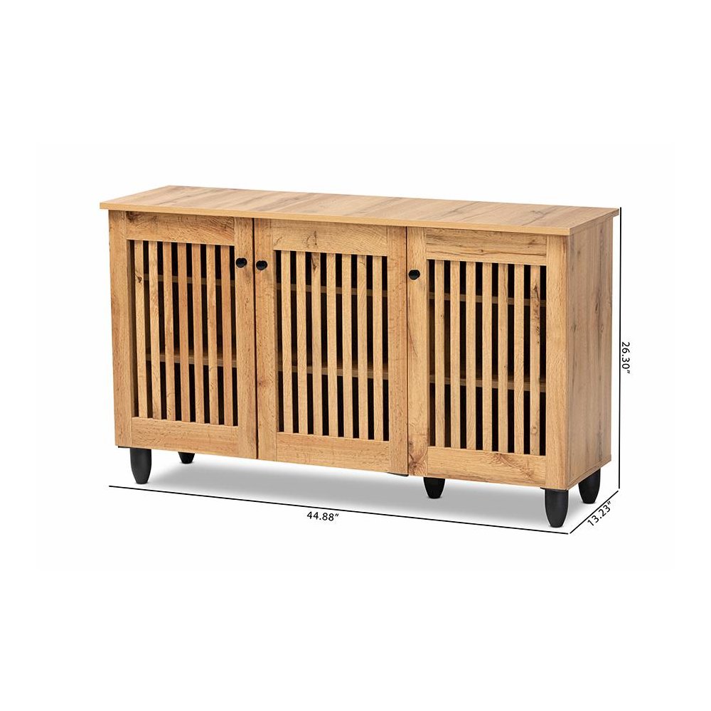 Fernanda Modern and Contemporary Oak Brown Finished Wood 3-Door Shoe Cabinet. Picture 10