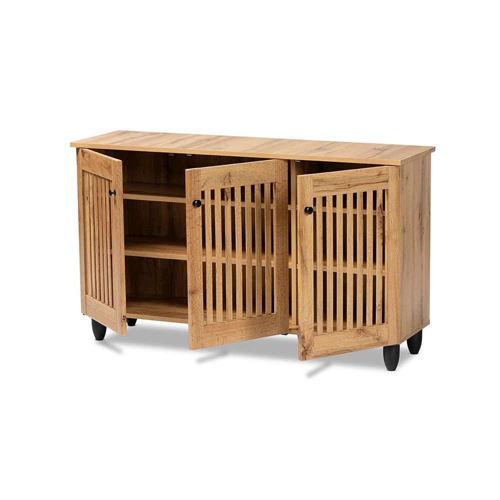 Fernanda Modern and Contemporary Oak Brown Finished Wood 3-Door Shoe Cabinet. Picture 2