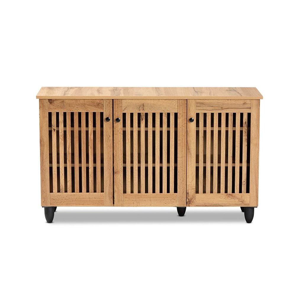 Fernanda Modern and Contemporary Oak Brown Finished Wood 3-Door Shoe Cabinet. Picture 3