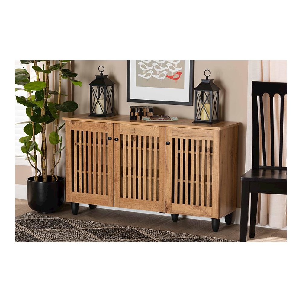 Fernanda Modern and Contemporary Oak Brown Finished Wood 3-Door Shoe Cabinet. Picture 7