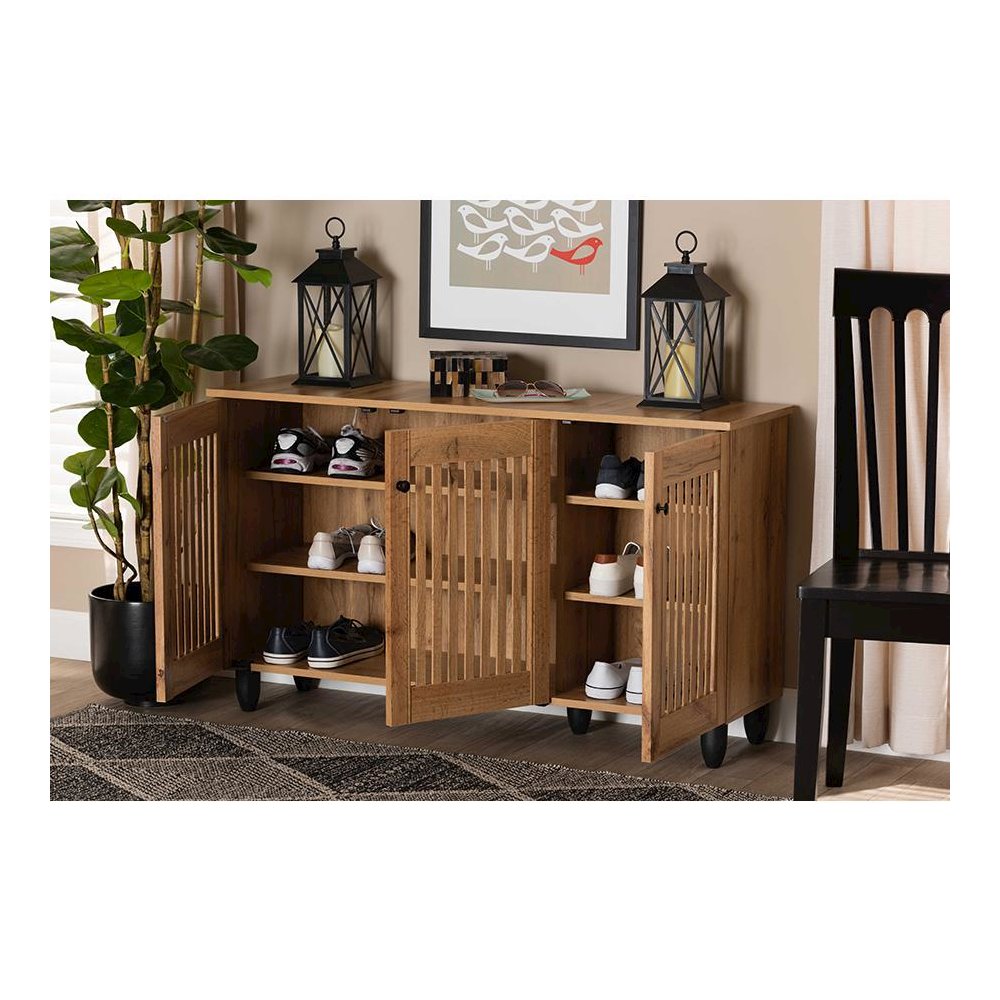 Fernanda Modern and Contemporary Oak Brown Finished Wood 3-Door Shoe Cabinet. Picture 8