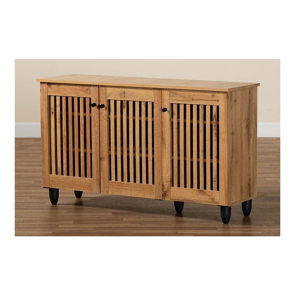 Fernanda Modern and Contemporary Oak Brown Finished Wood 3-Door Shoe Cabinet. Picture 9