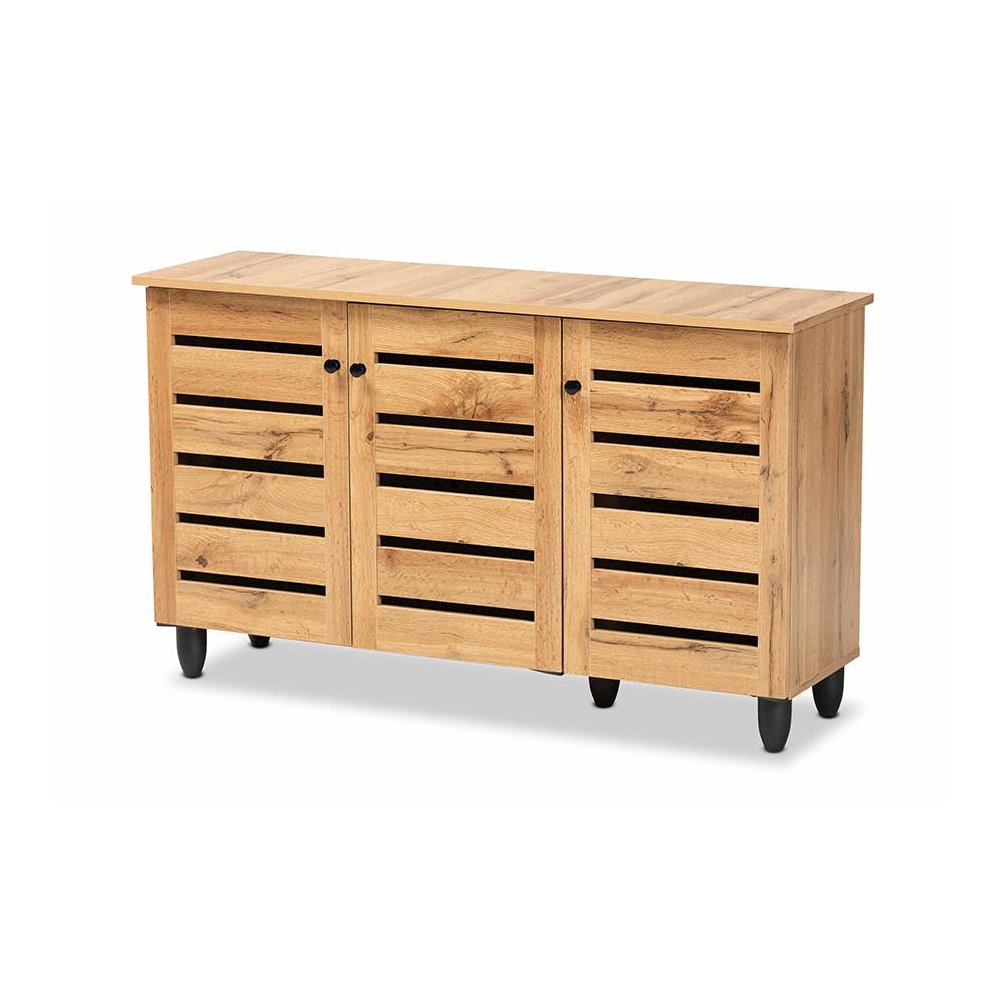 Oak Brown Finished Wood 3-Door Shoe Storage Cabinet. Picture 1