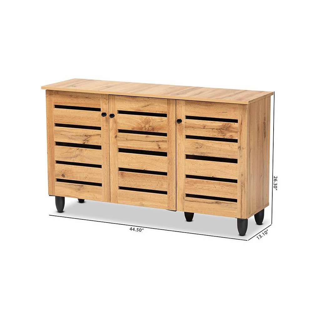 Oak Brown Finished Wood 3-Door Shoe Storage Cabinet. Picture 10