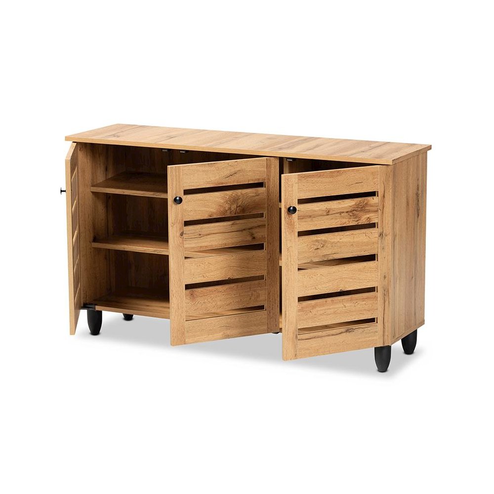 Oak Brown Finished Wood 3-Door Shoe Storage Cabinet. Picture 2