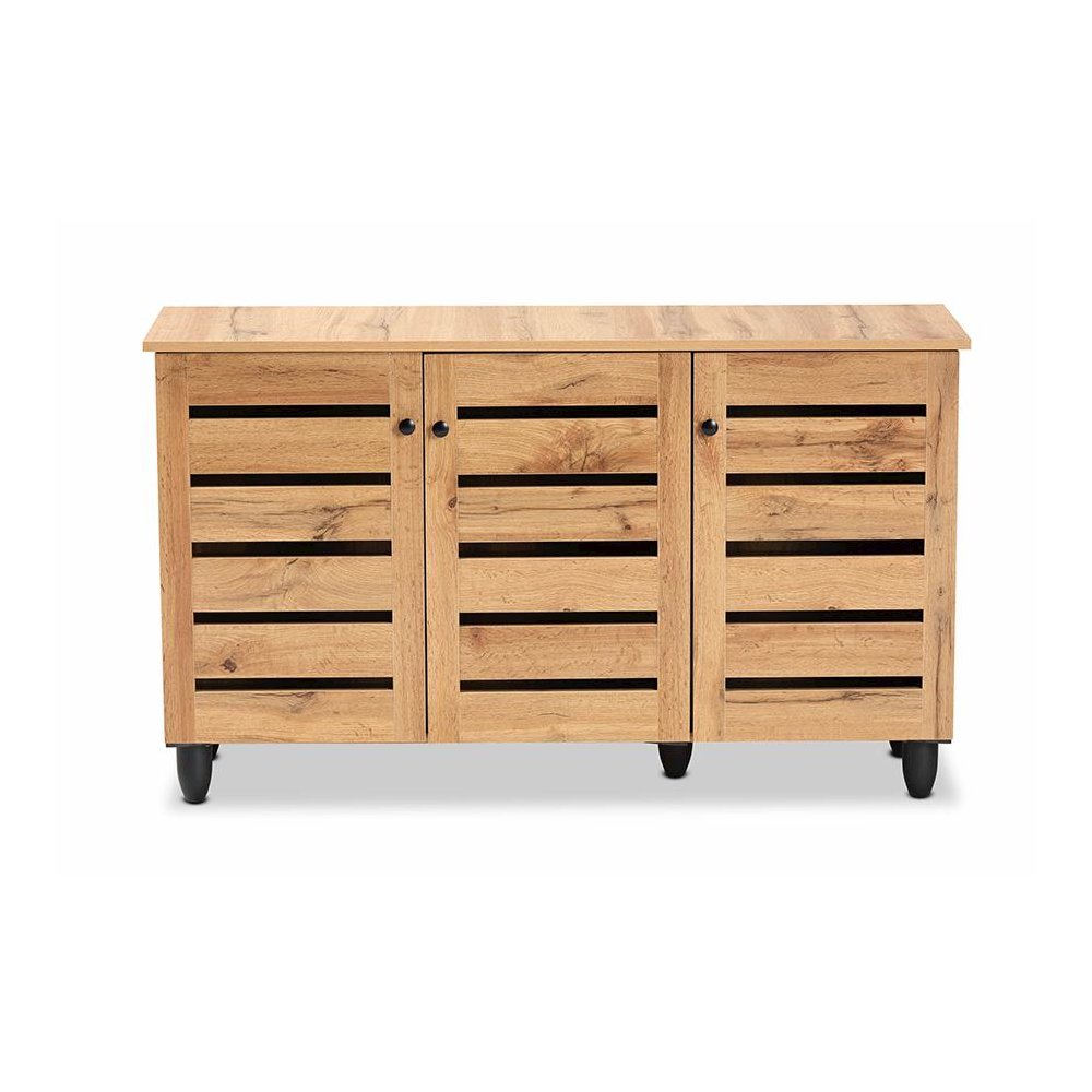 Oak Brown Finished Wood 3-Door Shoe Storage Cabinet. Picture 3