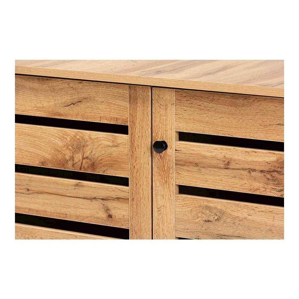 Oak Brown Finished Wood 3-Door Shoe Storage Cabinet. Picture 5