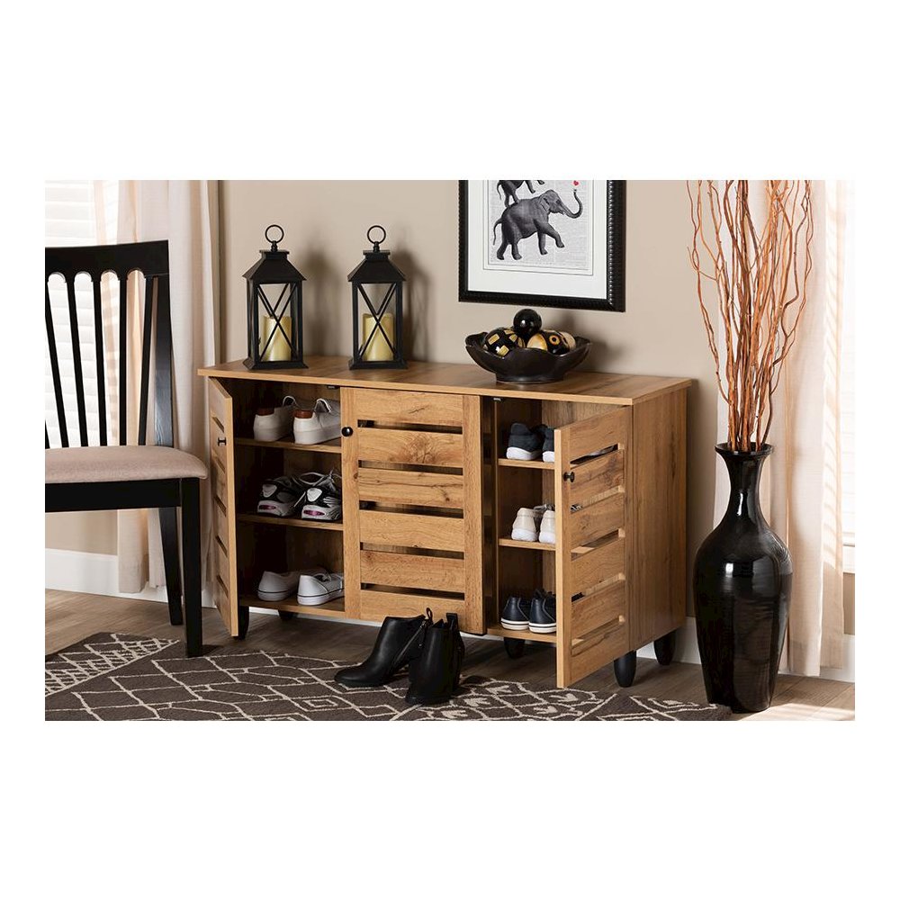 Oak Brown Finished Wood 3-Door Shoe Storage Cabinet. Picture 8