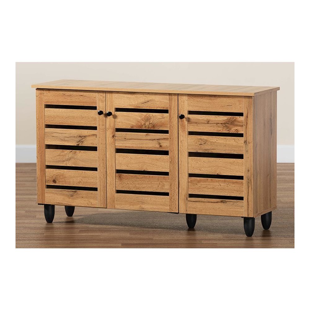Oak Brown Finished Wood 3-Door Shoe Storage Cabinet. Picture 9