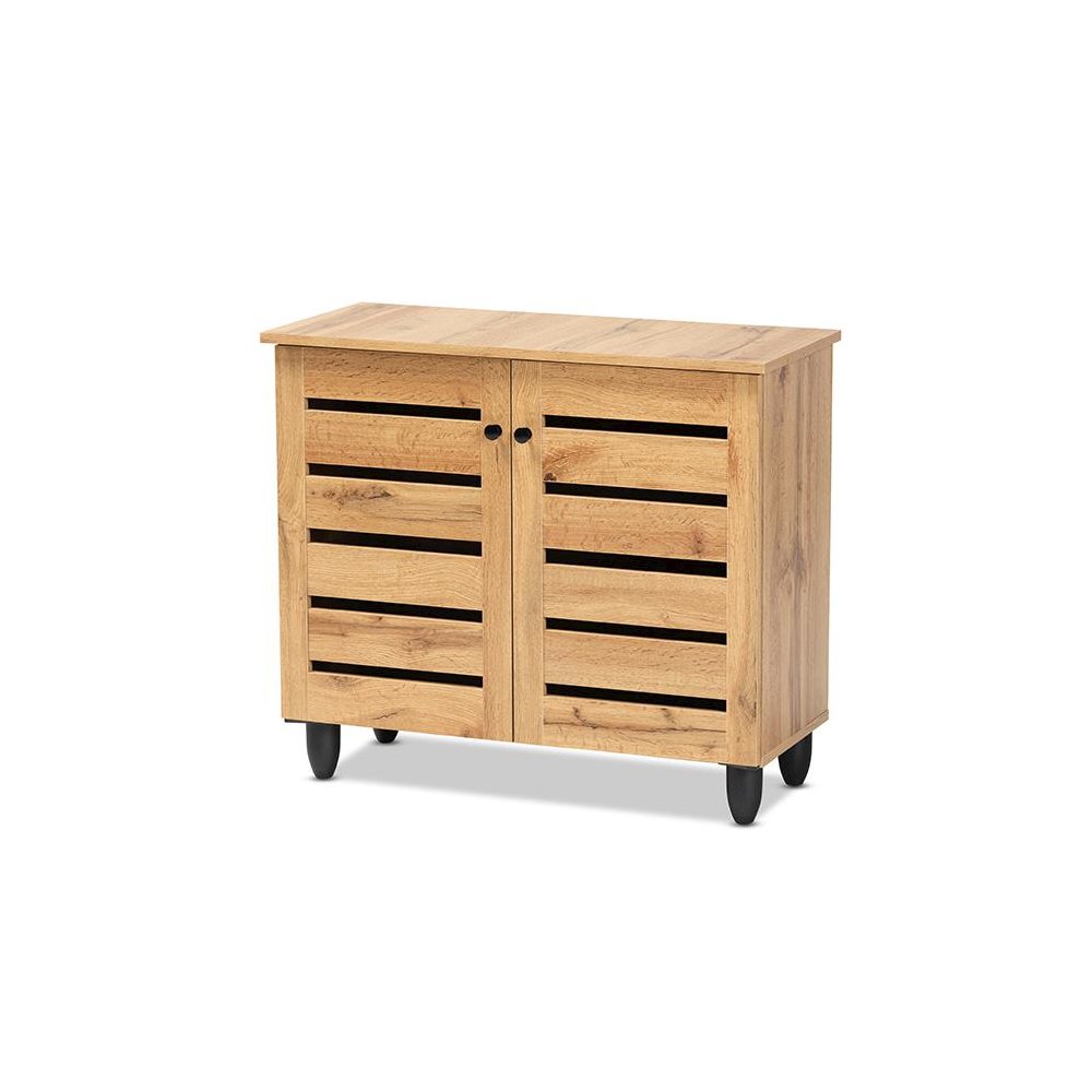 Oak Brown Finished Wood 2-Door Shoe Storage Cabinet. Picture 1