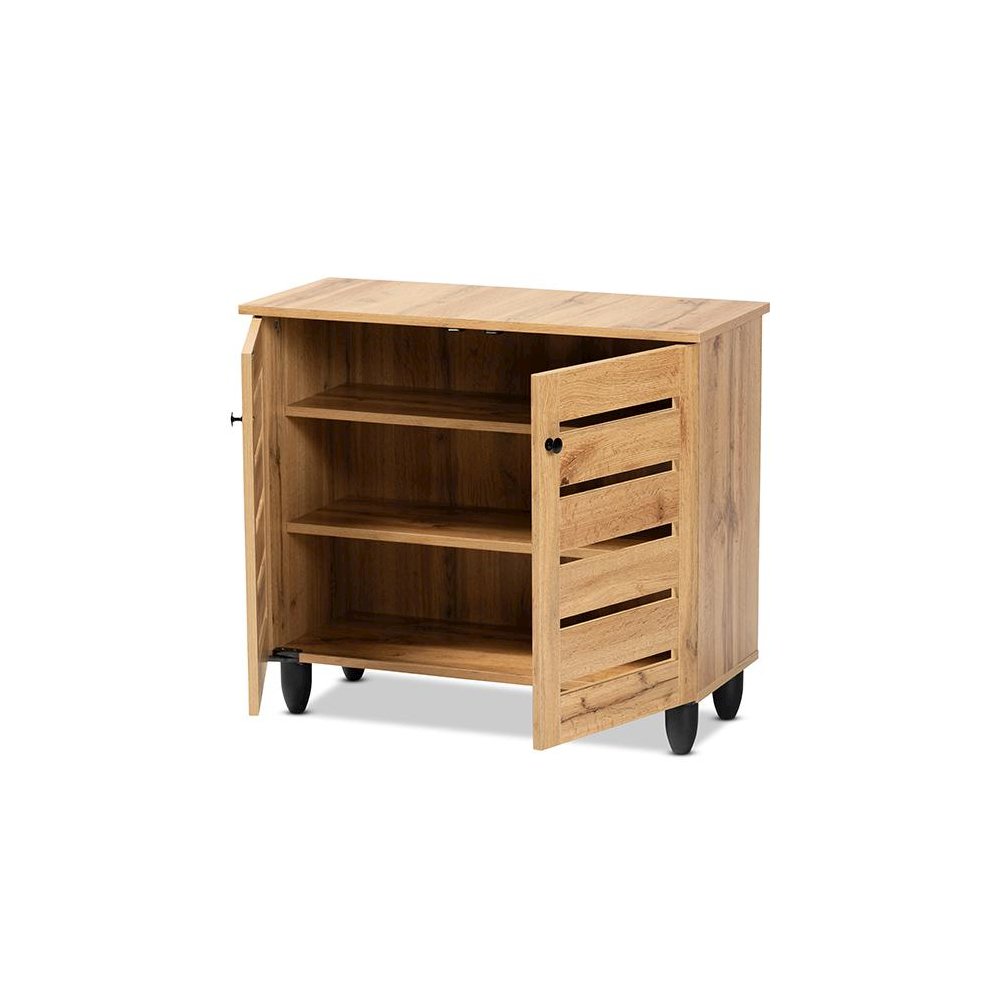 Oak Brown Finished Wood 2-Door Shoe Storage Cabinet. Picture 2