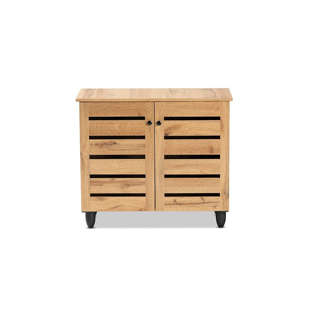 Oak Brown Finished Wood 2-Door Shoe Storage Cabinet. Picture 3