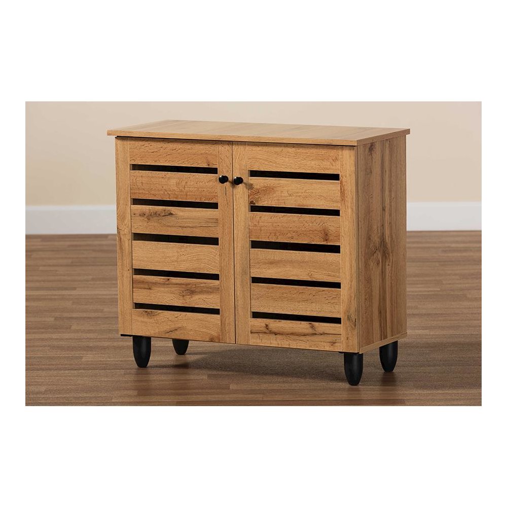 Oak Brown Finished Wood 2-Door Shoe Storage Cabinet. Picture 9