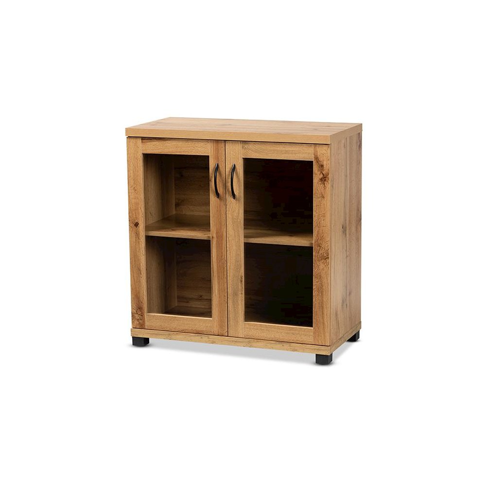 Oak Brown Finished Wood 2-Door Storage Cabinet with Glass Doors. Picture 1