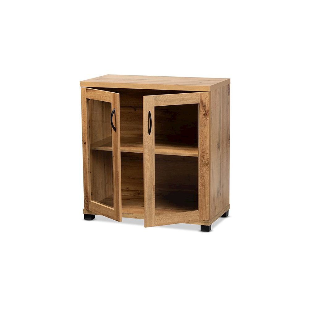 Oak Brown Finished Wood 2-Door Storage Cabinet with Glass Doors. Picture 2