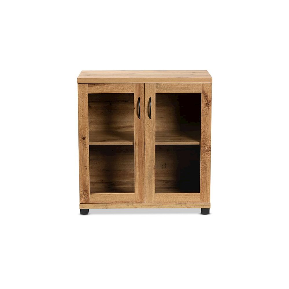 Oak Brown Finished Wood 2-Door Storage Cabinet with Glass Doors. Picture 3