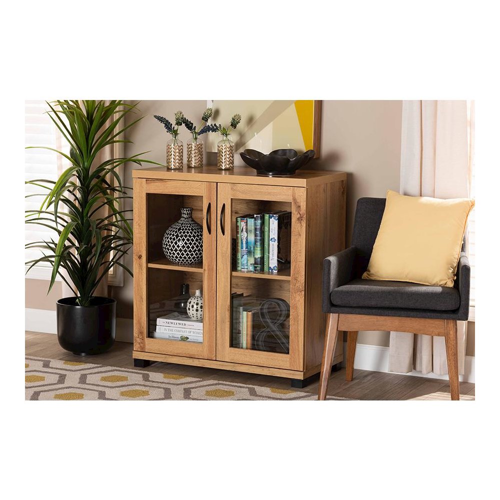 Oak Brown Finished Wood 2-Door Storage Cabinet with Glass Doors. Picture 7
