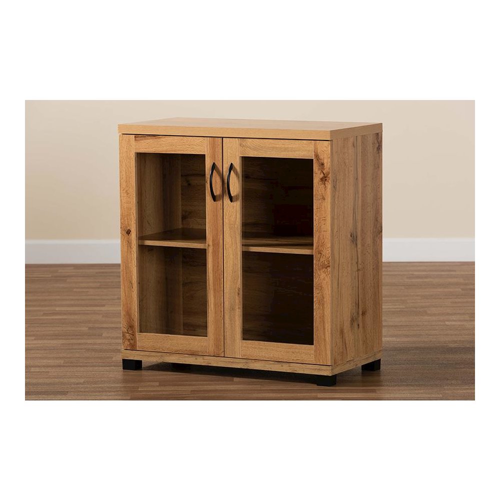 Oak Brown Finished Wood 2-Door Storage Cabinet with Glass Doors. Picture 8