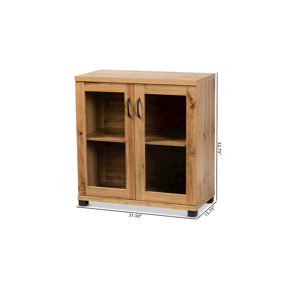 Oak Brown Finished Wood 2-Door Storage Cabinet with Glass Doors. Picture 9