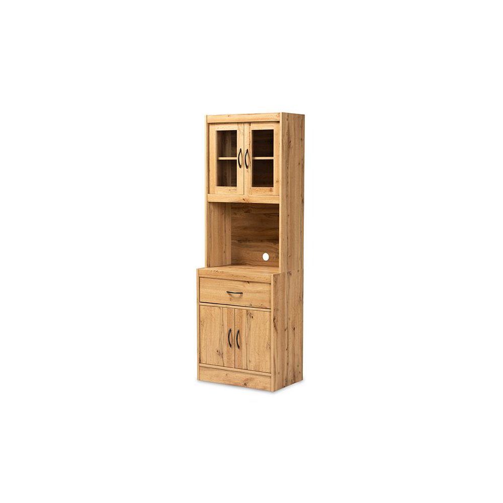 Oak Brown Finished Wood Kitchen Cabinet and Hutch. Picture 1