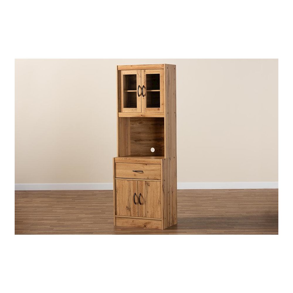 Oak Brown Finished Wood Kitchen Cabinet and Hutch. Picture 7