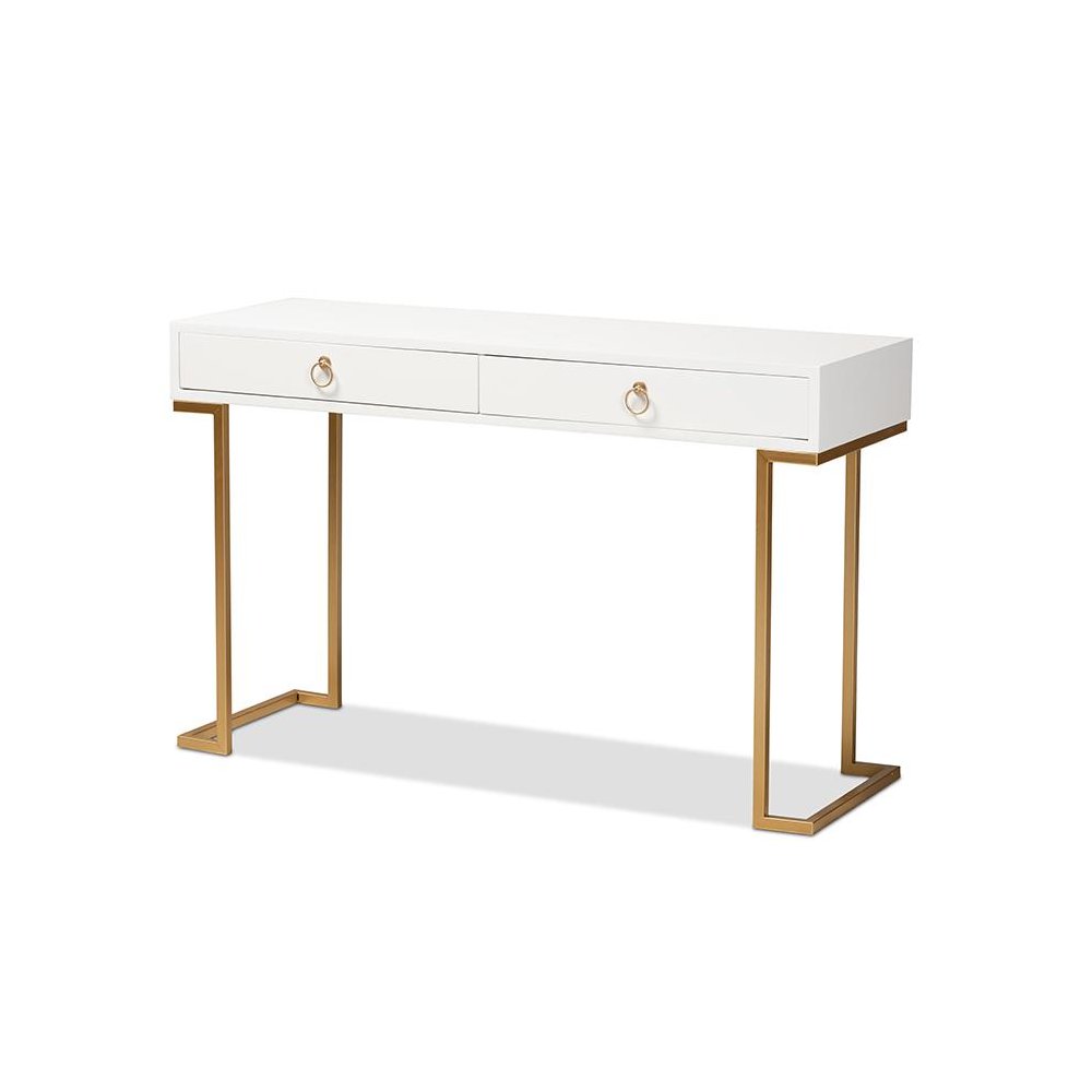 White Finished Wood and Gold Metal 2-Drawer Console Table. Picture 1