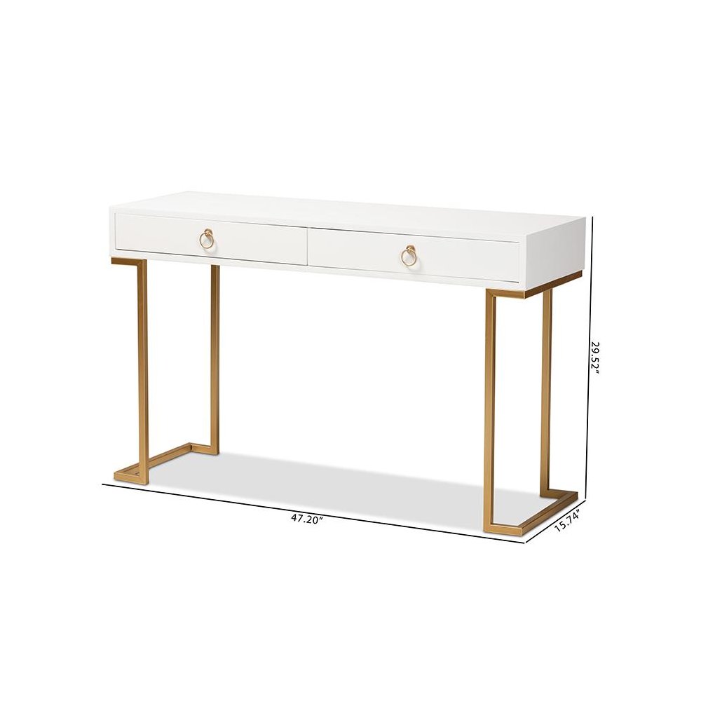 White Finished Wood and Gold Metal 2-Drawer Console Table. Picture 10