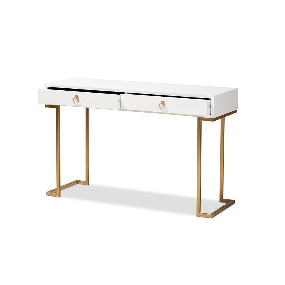 White Finished Wood and Gold Metal 2-Drawer Console Table. Picture 2