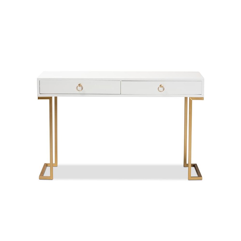 White Finished Wood and Gold Metal 2-Drawer Console Table. Picture 3