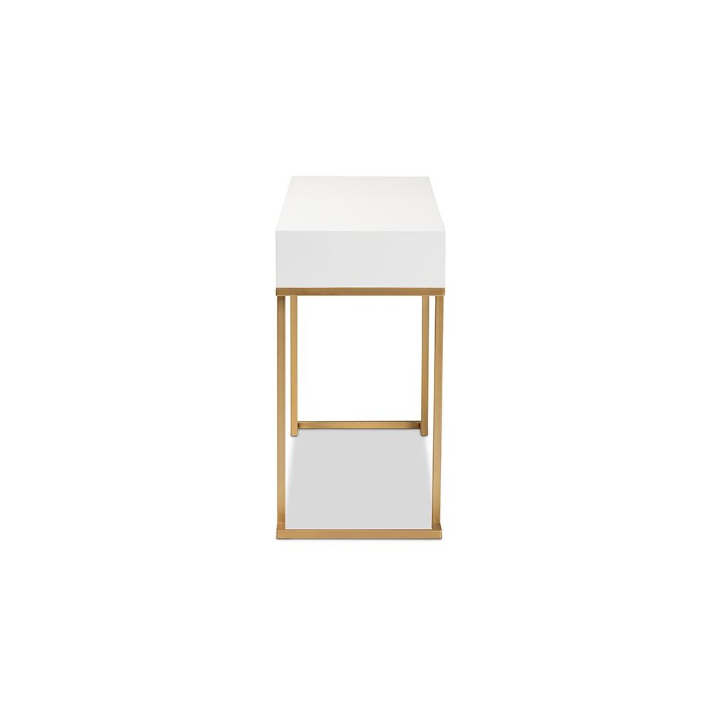 White Finished Wood and Gold Metal 2-Drawer Console Table. Picture 4