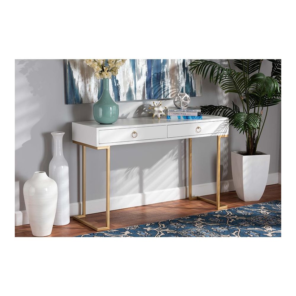 White Finished Wood and Gold Metal 2-Drawer Console Table. Picture 8