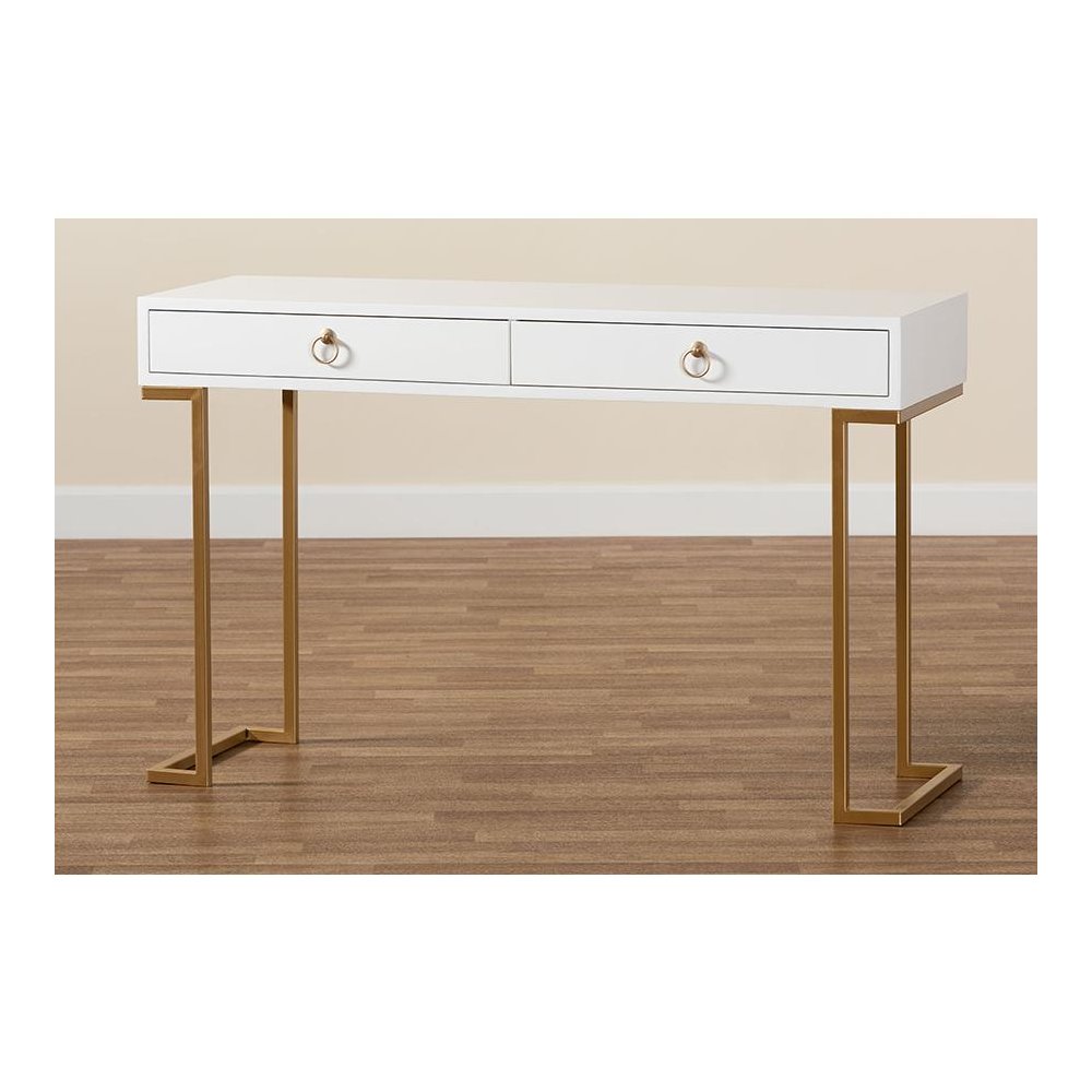 White Finished Wood and Gold Metal 2-Drawer Console Table. Picture 9