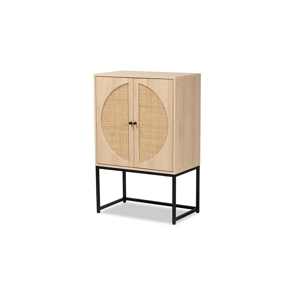 Black Metal 2-Door Storage Cabinet with Natural Rattan. Picture 1