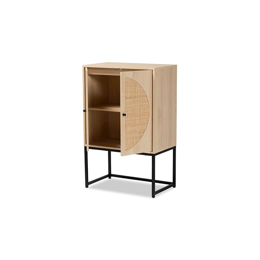 Black Metal 2-Door Storage Cabinet with Natural Rattan. Picture 2