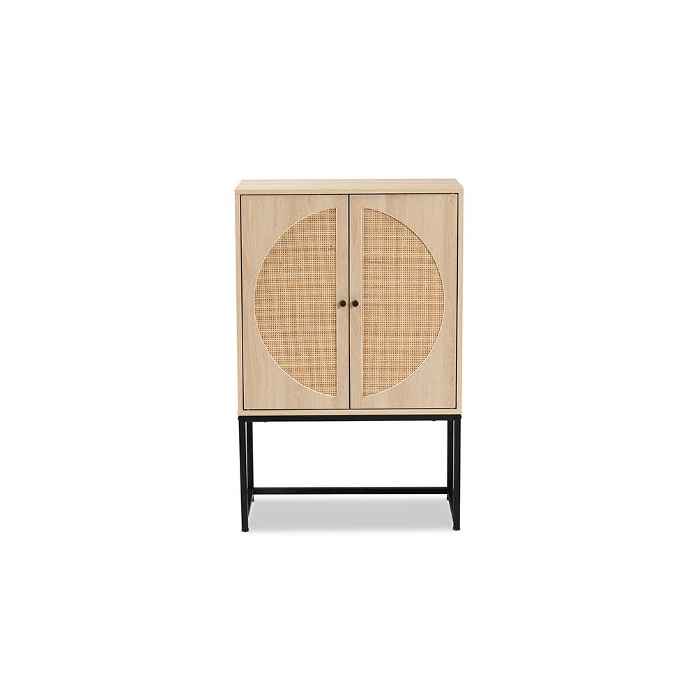 Black Metal 2-Door Storage Cabinet with Natural Rattan. Picture 3