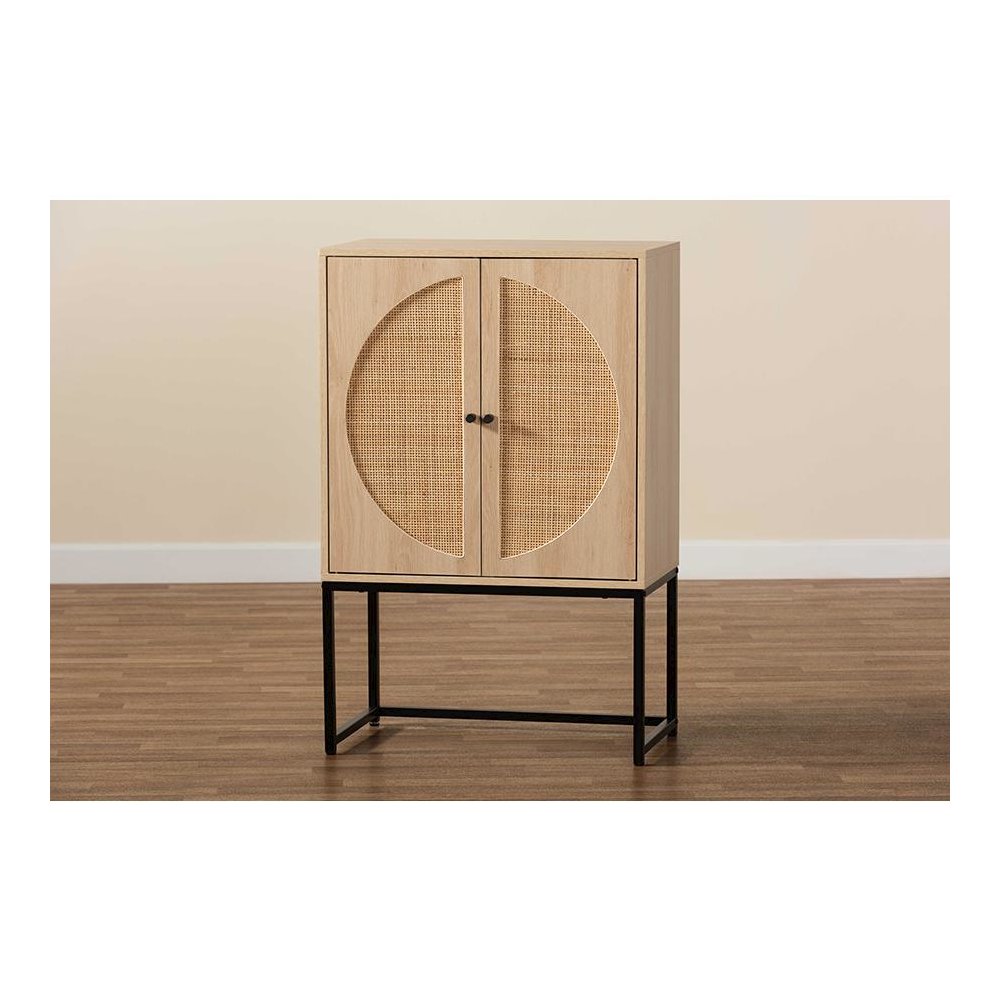 Black Metal 2-Door Storage Cabinet with Natural Rattan. Picture 9