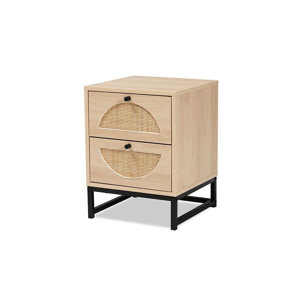 Black Metal 2-Drawer End Table with Natural Rattan. Picture 1