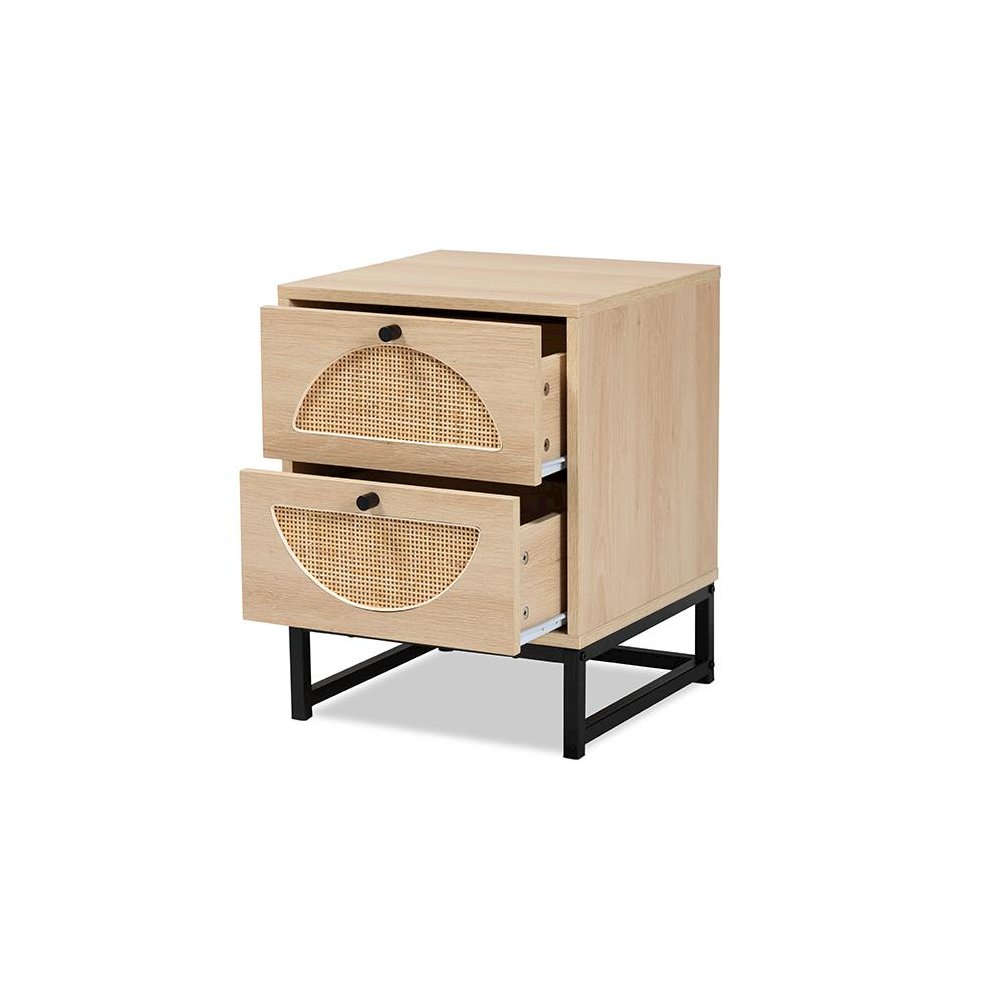 Black Metal 2-Drawer End Table with Natural Rattan. Picture 2