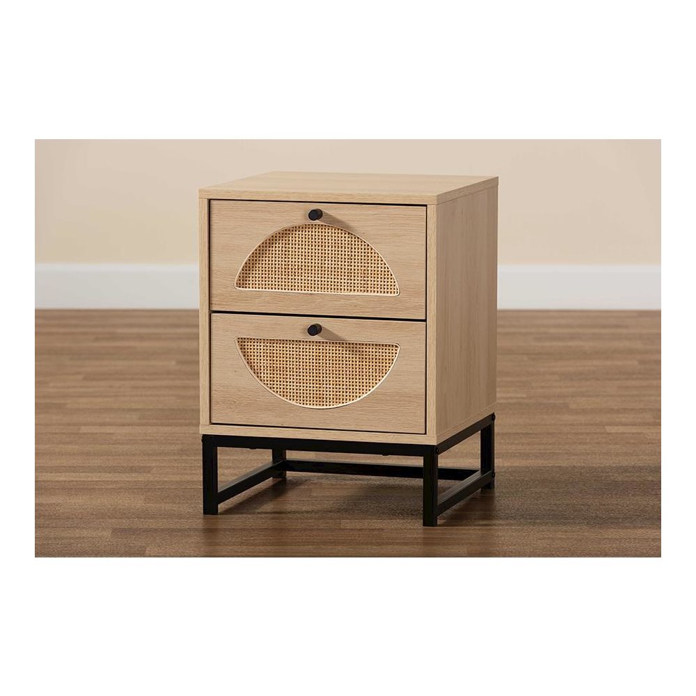 Black Metal 2-Drawer End Table with Natural Rattan. Picture 9