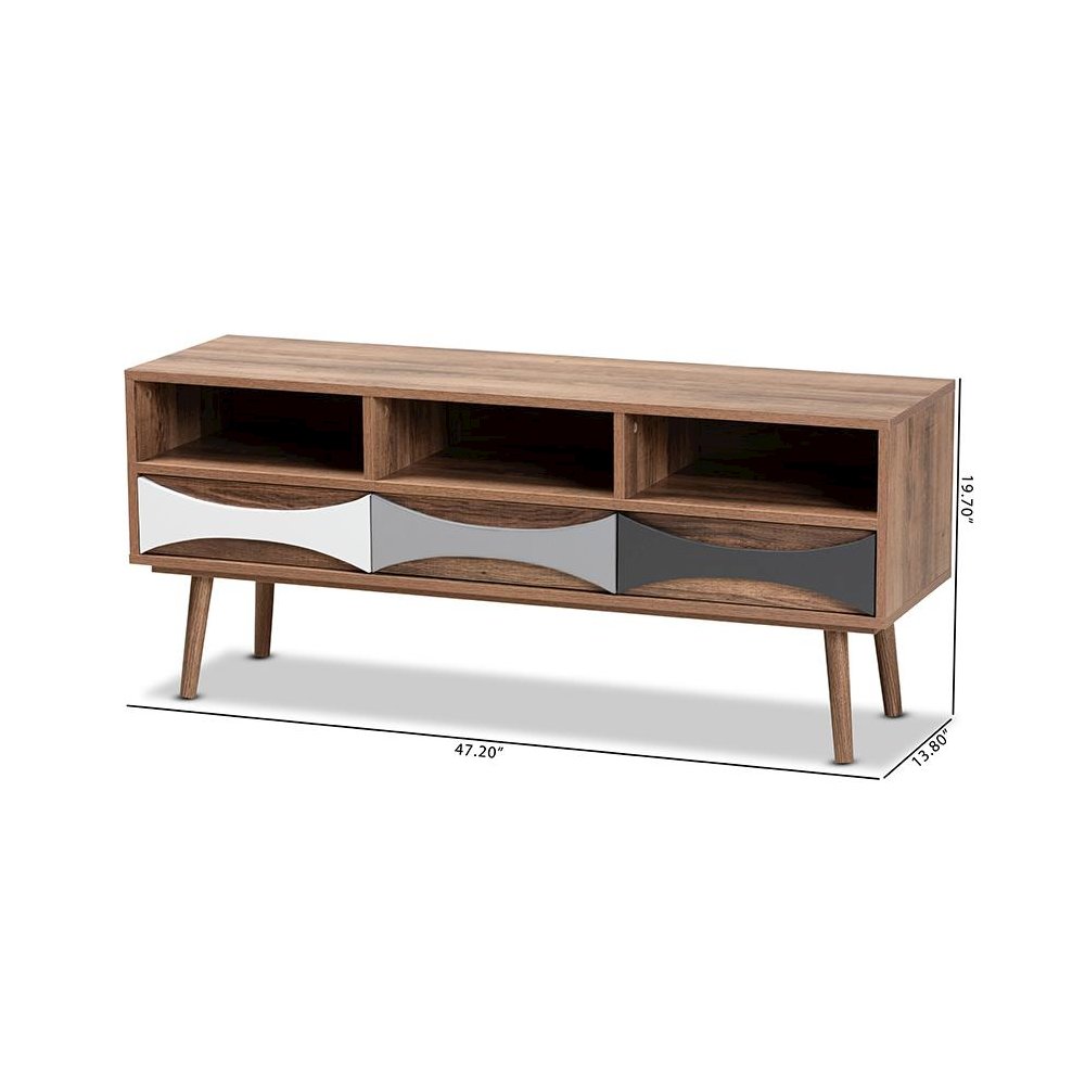 Natural Brown Finished and Multi-Colored Wood 3-Drawer TV Stand. Picture 10