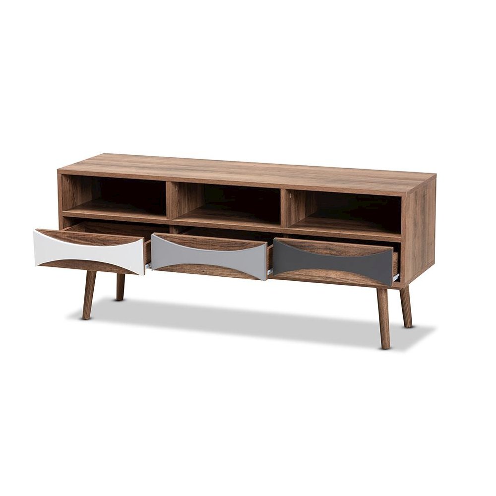 Natural Brown Finished and Multi-Colored Wood 3-Drawer TV Stand. Picture 2