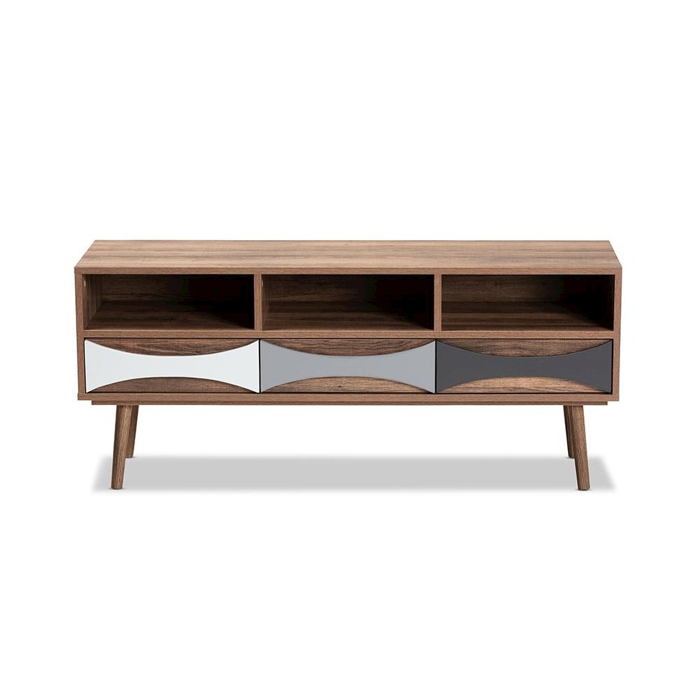 Natural Brown Finished and Multi-Colored Wood 3-Drawer TV Stand. Picture 3